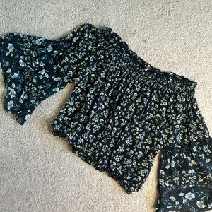 Free People Floral Off-Shoulder Blouse - Black and Blue